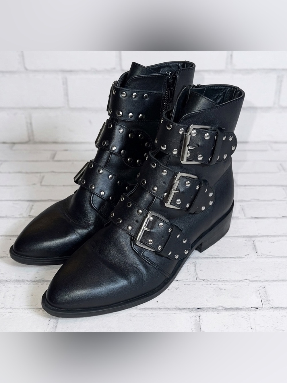 Steven New York Hazan Black Leather Studded Moto Boots Buckle Ankle Booties 6.5